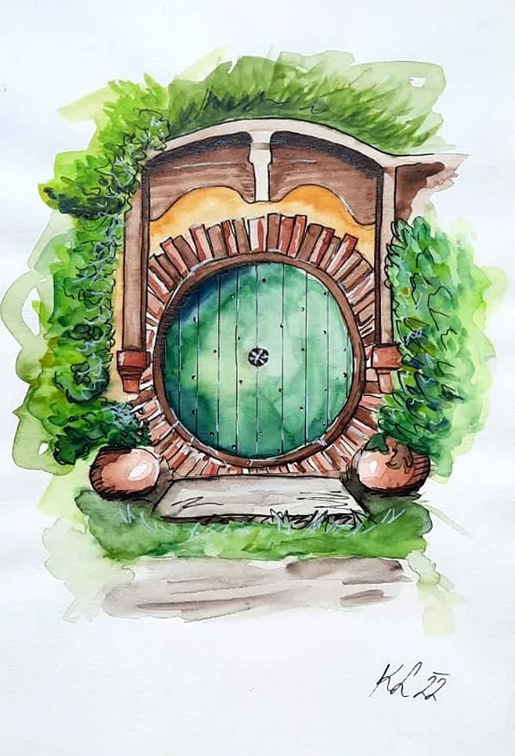 Die Hobbit-Tür — Aquarell von Katharina Lechner