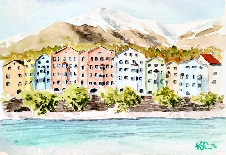 Innsbruck, Mariahilf — Aquarell von Katharina Lechner